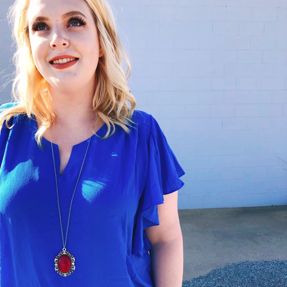 Umgee Flutter Sleeve Blue Plus Size Top